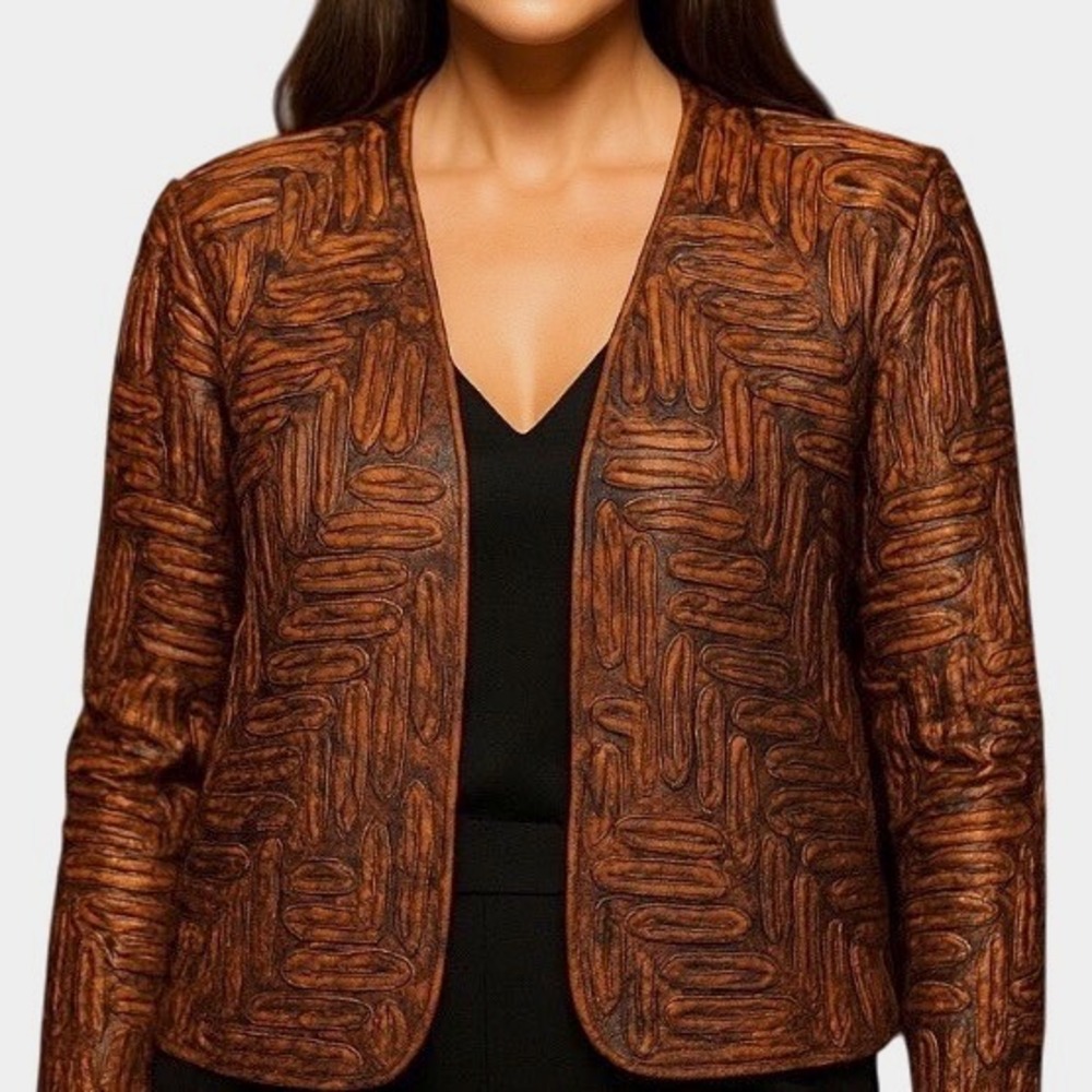 Chicos Silk Ribbon Textured Bronze Open Front Jacket Size 10 Boho Luxe Blazer